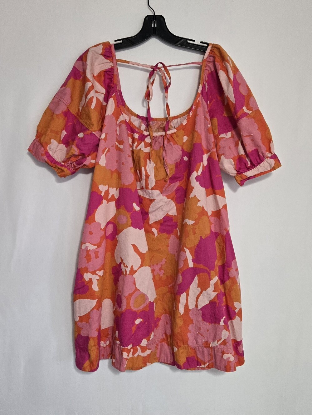 Free Assembly Floral Mini Dress Large Pink Orange Puff Sleeve Cotton Pockets